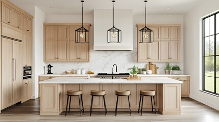 Fototapeta premium Modern kitchen featuring light wood cabinets, a central island with stools, elegant pendant lighting, and a minimalist design emphasizing natural light.