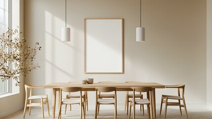 A minimalist dining room featuring a large wooden table, light-colored walls, natural light, and simple decor elements, promoting a calm and inviting atmosphere.