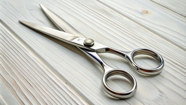 A pair of shiny metal scissors with curved blades lies closed on a clean, white, wooden table, awaiting its next cut or snip.