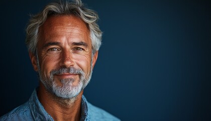 Obraz premium Smiling Middle-Aged Man in Casual Attire Against Navy Blue Background