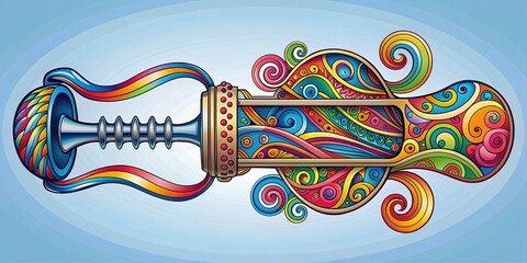 Naklejka premium A stylized corkscrew illustration in bold lines and vibrant colors, with swirling patterns and ornate details, ideal for wine, cocktail, or party-themed designs.
