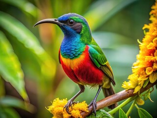 Vibrant Sunbird Perched on a Branch Surrounded by Lush Greenery in a Tropical Setting