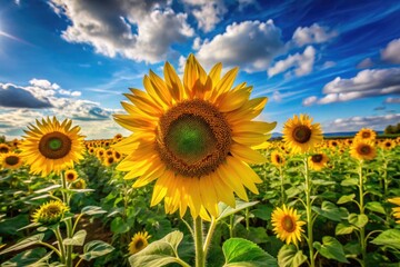 Fototapeta premium Vibrant Sunflower Blooms Under Clear Blue Skies in a Lush Green Field of Summer Wildflowers