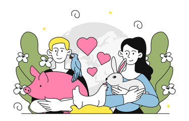 People with love for animals. Man with pig and parrot, and woman with rabbit and chicken. Activists and volunteers with domestic animals. Linear vector illustration