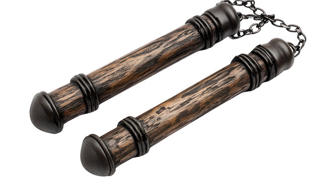 view of a pair of nunchucks with a wooden finish and chain link transparant background