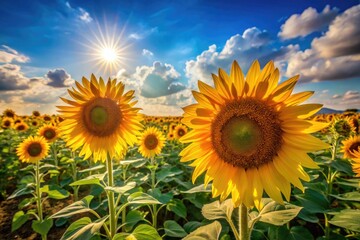 Vibrant Sunflowers Blooming in a Golden Field Under Bright Blue Sky on a Warm Summer Day