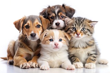 Adorable puppies and kittens snuggle up together, showcasing their playful friendship, on a crisp white background, highlighting their soft fur and endearing expressions.