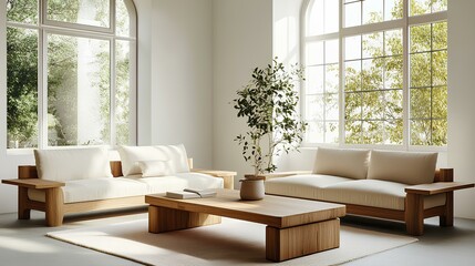 Fototapeta premium A modern, minimalist living room featuring wooden furniture, soft white cushions, and large windows allowing natural light.