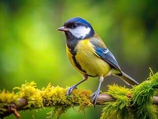 Vibrant Titmouse Perched on Branch Surrounded by Lush Green Foliage in Natural Habitat Setting