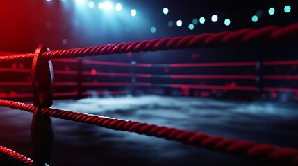 A professional boxing ring set up for a match, capturing the excitement and intensity of the sport, suitable for promotional materials or sports events..
