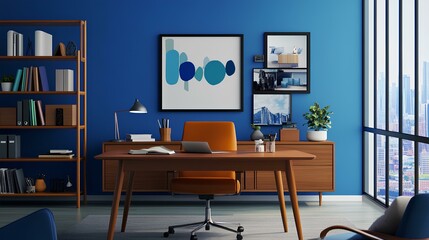 Modern office interior featuring blue walls, wooden furniture, art, and a view. Cozy and inviting workspace with plants and decorative items.