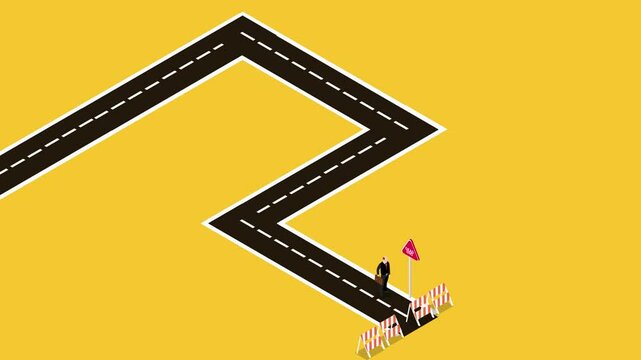 Businessman Facing Dead End on Zigzag Road 3d animation cartoon