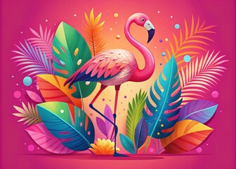 Naklejka premium Colorful illustration of a stylized flamingo standing on one leg, surrounded by abstract shapes and tropical leaves, set against a vibrant pink background.