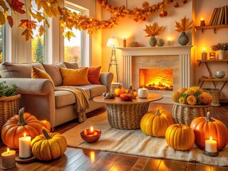 Obraz premium Cozy apartment living room warmly decorated for fall with vibrant orange and yellow leaves, pumpkins, and throw blankets amidst soft golden lighting and rustic accents.
