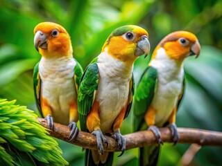 Obraz premium Vibrant White Bellied Caique Birds Perched on Branches in a Lush Green Tropical Environment