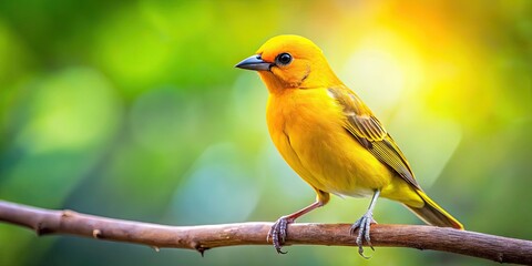 Obraz premium Vibrant Yellow Bird Perched on a Branch Against a Soft Blurred Natural Background in Daylight