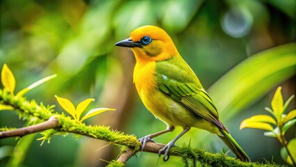Fototapeta premium Vibrant Yellow Green Bird Perched on a Branch Surrounded by Lush Greenery in Natural Habitat