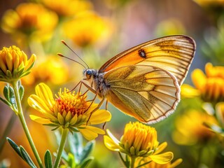 Delicate butterfly perches on a vibrant Mormon tea flower, its intricate wings a contrast to the plant's simple, yet beautiful, yellow petals in nature's cycle.