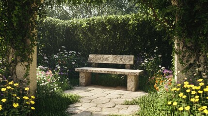 A hidden garden tucked away behind tall hedges, featuring a stone bench, overgrown vines, and wildflowers, creating a peaceful, secret retreat.