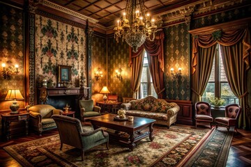 Obraz premium Dimly lit, ornate antique furnishings fill a nostalgic, high-ceilinged parlor with rich velvet drapes, distressed wood paneling, and faded, floral-patterned wallpaper.