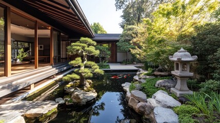 Naklejka premium A Japanese-style garden with a small koi pond, stone lanterns, and carefully pruned bonsai trees, offering a tranquil and serene environment.