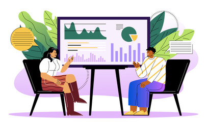 Team of marketing managers. Man and woman with graphs and diagrams. Team of marketers. Planning and strategy, business management. Flat vector illustration