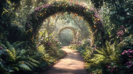 Fototapeta premium A lush garden archway covered in climbing vines and flowers, leading into a secluded, peaceful area filled with ferns and shade-loving plants.