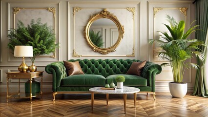 Elegant living room with creamy walls, velvet sofa, and ornate gold mirror, accented with a stylish side table and a lush green potted plant.