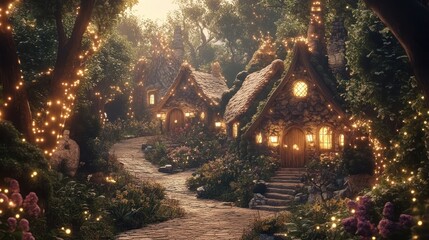 A winding stone path leads to charming stone cottages adorned with fairy lights in a magical forest.