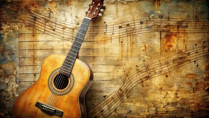 Faded, textured background with distressed musical elements, such as worn guitar strings and torn sheet music, evoking a nostalgic, rebellious grunge music aesthetic.