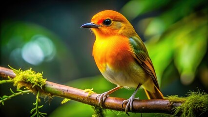 Fototapeta premium Vivid Yellow and Orange Bird Perched on a Branch Against a Soft Green Background in Natural Habitat