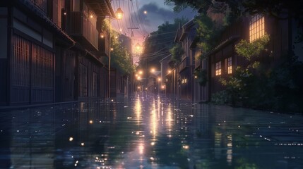 Fototapeta premium nice anime background for theme, flood in the town