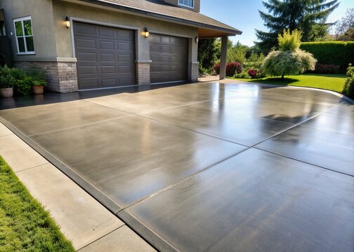 Freshly laid sealed concrete driveway glistens in the sunlight, showcasing a smooth, dark grey finish with subtle texture and faint trowel marks.