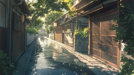 nice anime background for theme, flood in the town