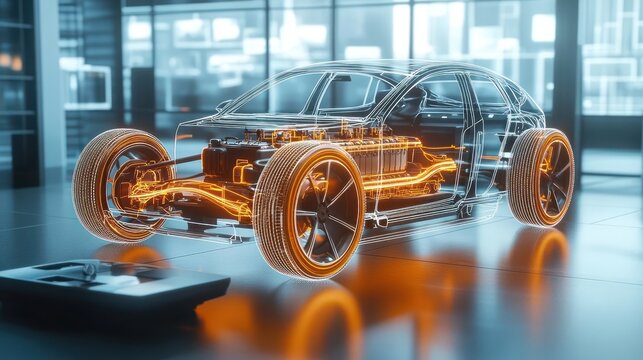 A wireframe 3D rendering of an electric car with its internal components highlighted.