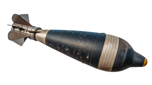 Projectile, bomb, rocket isolated on white background. Large exploding military weapon, dropped from the air. The shell of the second world war.