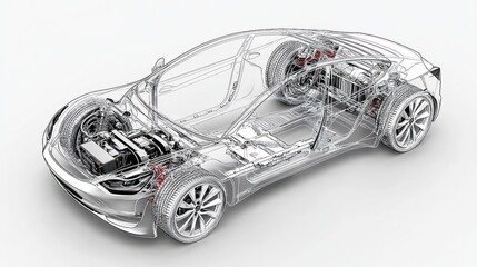 A wireframe rendering of a car chassis, showing the detailed construction and internal components.
