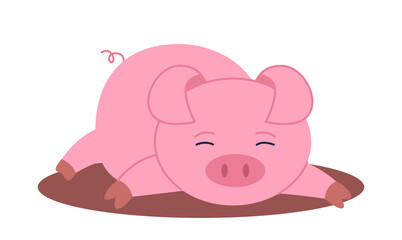 Cute pig sticker. Adorable pink animal lying in dirt. Mammal and cattle. Cute character for kids. Graphic element for website. Flat vector illustration