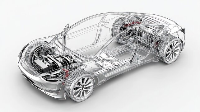 A wireframe rendering of a car chassis, showing the detailed construction and internal components.