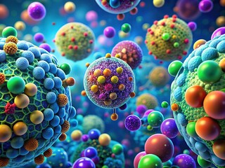 Intricate 3D illustration of a cell membrane with stylized molecules and atoms in vibrant colors, showcasing the microscopic world of cellular biology and chemistry.