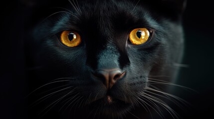 Close-up of a black cat with striking yellow eyes, isolated on a dark background.