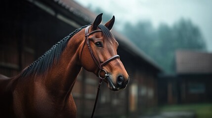 Obraz premium Close-up of a brown horse with a focused expression in a stable environment.