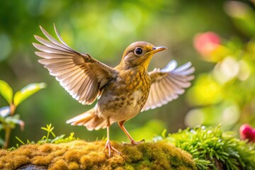 Fototapeta premium Young Bird Spreading Wings and Preparing for First Flight in Natural Outdoor Environment of Spring