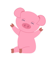 Cute pig sticker. Adorable pink animal sitting. Mammal and cattle. Cute character for kids. Sticker for social networks and messengers. Flat vector illustration