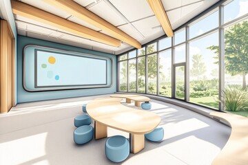 Futuristic Classroom Filled with Interactive Whiteboards and Augmented Reality Tools, Where Students Learn Through Immersive Technology