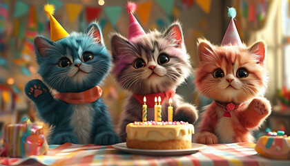 Celebrate with cute cat birthday greeting cards, featuring a colorful 3D background and festive cake illustration.