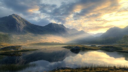 Fototapeta premium Majestic Mountain Lake Sunrise Landscape with Golden Light and Reflections