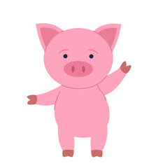 Cute pig sticker. Adorable pink animal dancing. Mammal and cattle. Cute character for kids. Sticker for social networks and messengers. Flat vector illustration