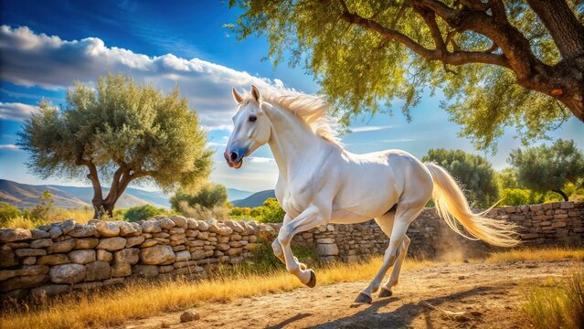 Majestic white horse gallops freely in a sun-kissed Greek landscape, amidst ancient olive trees and rustic stone walls, under a brilliant blue sky.