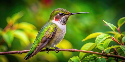 Fototapeta premium Young Ruby Throated Hummingbird perched on a branch with vibrant green foliage in the background